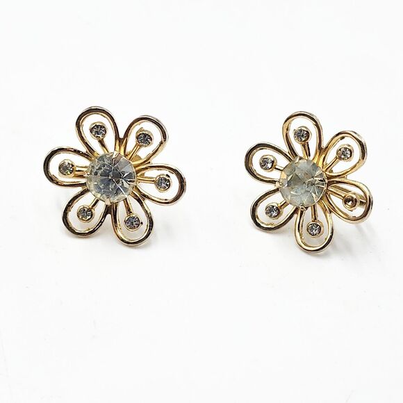 Coro Jewelry - Vintage CORO Gold Tone Openwork Rhinestone Petal Flower Screw Back Earrings